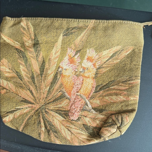 Elegant Vintage Olive Cockatiel Tapestry Pouch with tassel made in France